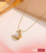 Fashion Charm Gold Color Stainless Steel Single Round Zircon Moon Pendant Necklace for Woman Collarbone Chain Jewelry Colorfast - Image 2