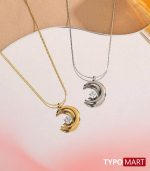 Fashion Charm Gold Color Stainless Steel Single Round Zircon Moon Pendant Necklace for Woman Collarbone Chain Jewelry Colorfast