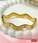JOVO LOVE Prevalent Simple Wave Bracelet Luxury Zircon Inlaid 18 k Gold-plated Stainless Steel Waterproof Bangle Women's Jewelry